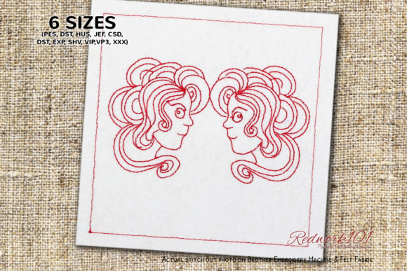 Girls Face Gemini Zodic Sign Redwork