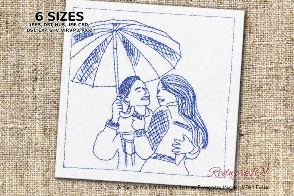 Loving Couple Under an Umbrella Redwork
