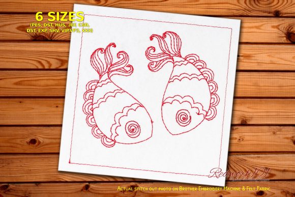 Pair of Fish Symbol of Pisces Redwork