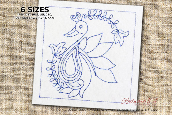 Peacock Floral Pattern Redwork