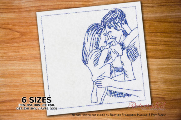 Young Couple in Love Redwork Design